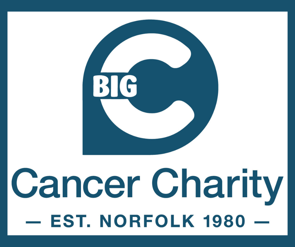 Big C Cancer Charity logo in blue and white. text Big C Cancer Charity Established Norfolk 1980.