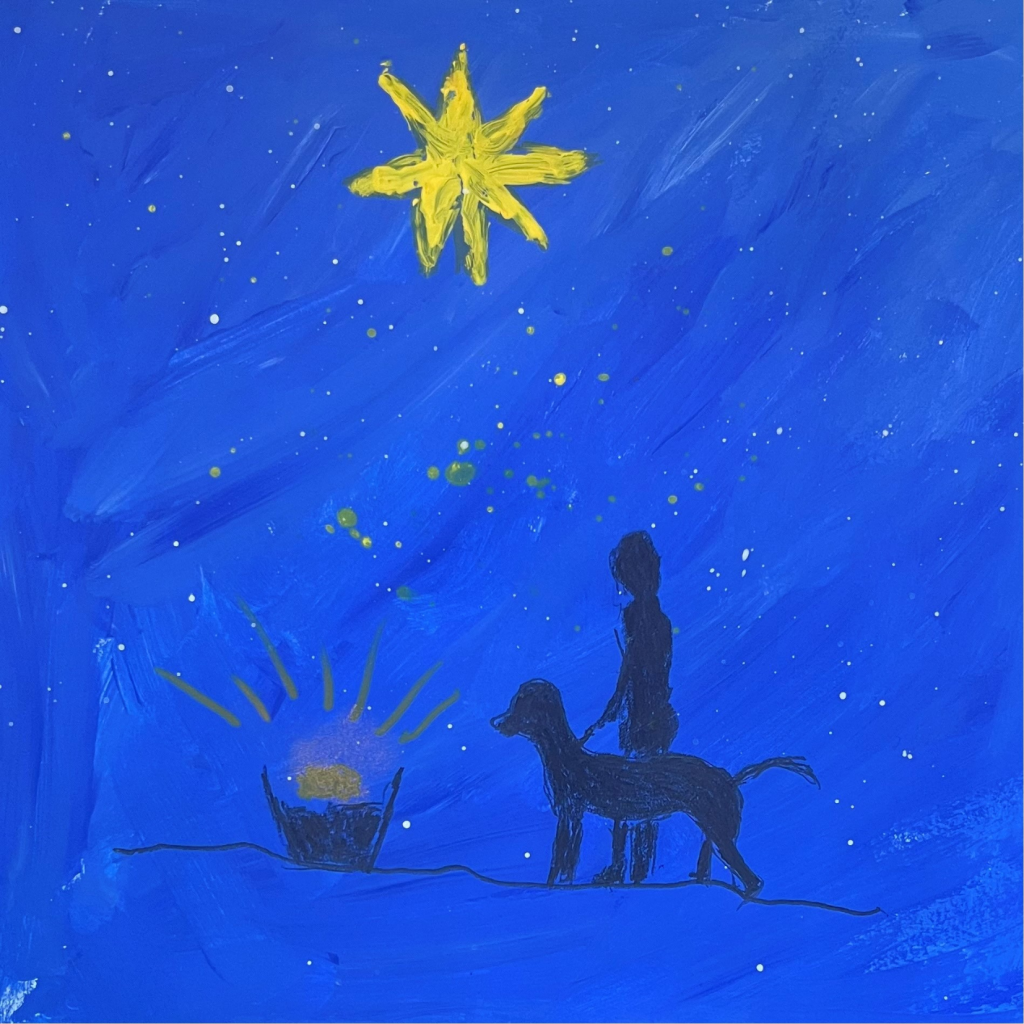 a person and a guide dog under a star