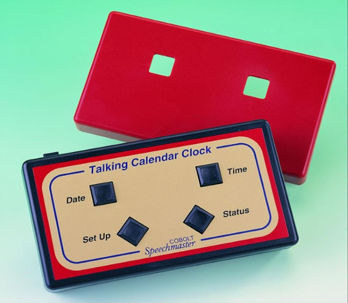 Rectangular black and red talking calendar alarm clock.