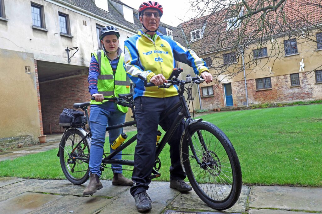 Vision impaired cyclist Fred Hargreaves takes to a tandem with volunteer David Beveridge from West Norfolk Cycling Club